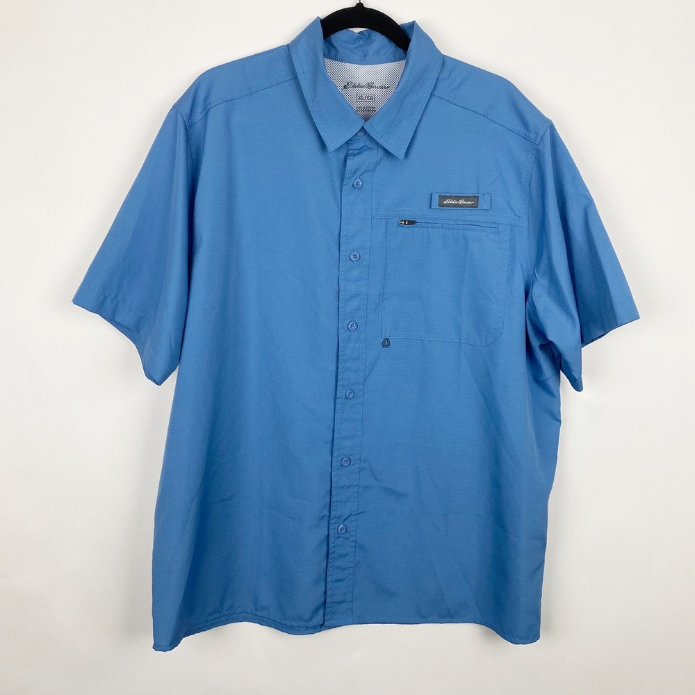 Eddie Bauer Mens XL Blue Ripstop Woven Tech Short Sleeve Fishing Hiking Shirt